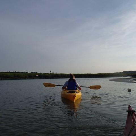 A kayaker paddling through a salt marsh in Myrtle Beach, SC