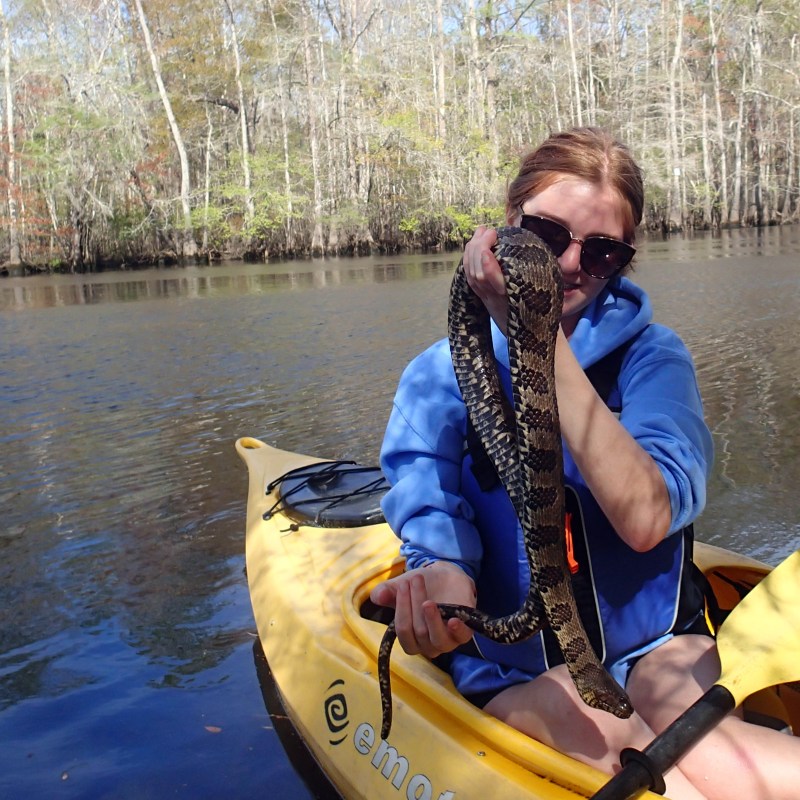 Kayaker holding snake